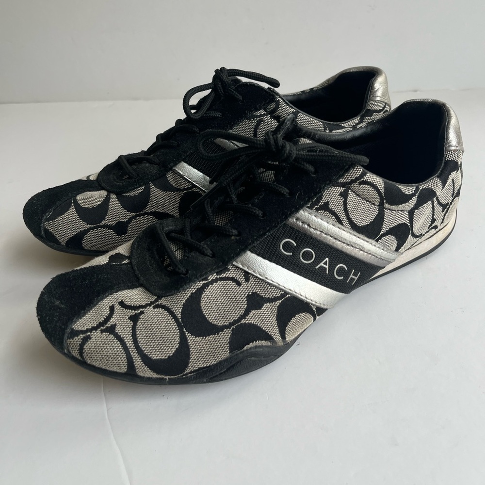 Coach Jayme Signature Sneaker Shoe Black Gray Silver Metallic Suede Size 7.5M